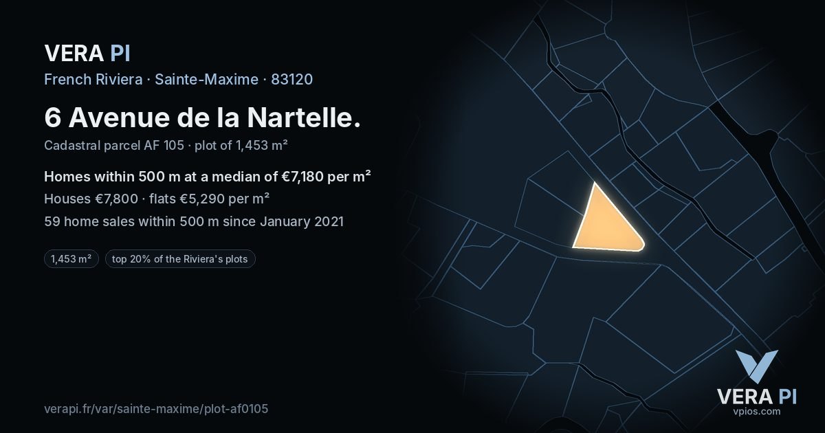 6 Avenue de la Nartelle, Sainte-Maxime at night – the plot lit, the parcels around coloured by the prices near them