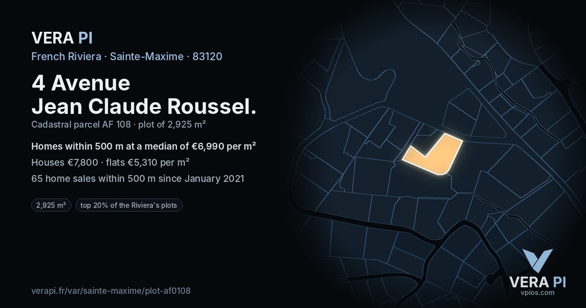 4 Avenue Jean Claude Roussel, Sainte-Maxime at night – the plot lit, the parcels around coloured by the prices near them