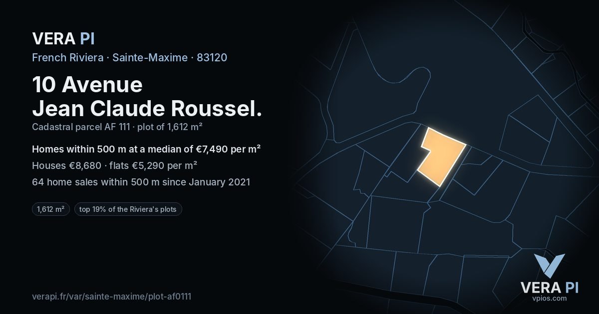 10 Avenue Jean Claude Roussel, Sainte-Maxime at night – the plot lit, the parcels around coloured by the prices near them