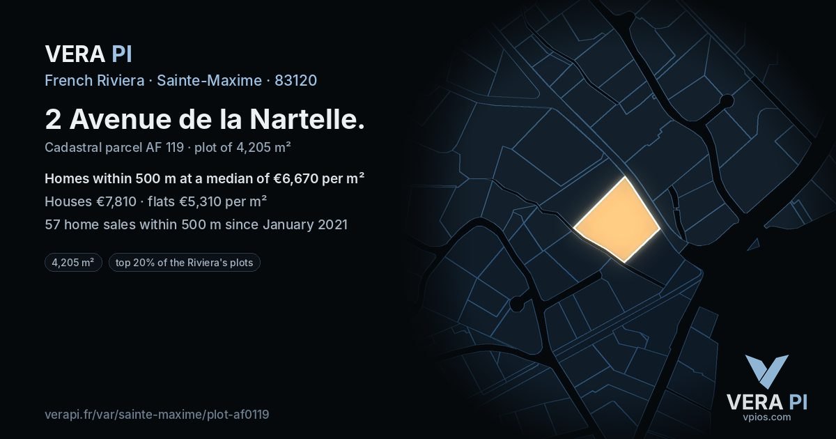 2 Avenue de la Nartelle, Sainte-Maxime at night – the plot lit, the parcels around coloured by the prices near them