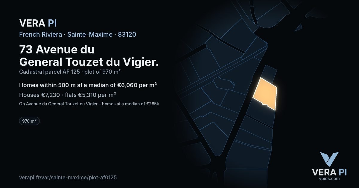 73 Avenue du General Touzet du Vigier, Sainte-Maxime at night – the plot lit, the parcels around coloured by the prices near them