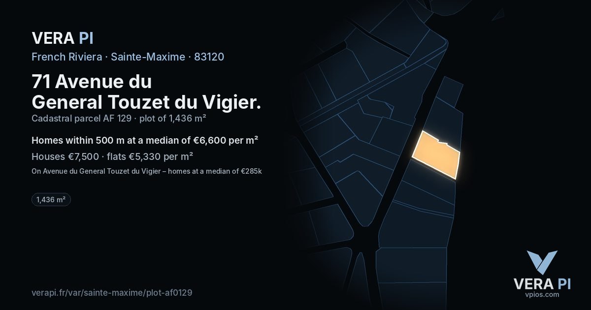 71 Avenue du General Touzet du Vigier, Sainte-Maxime at night – the plot lit, the parcels around coloured by the prices near them
