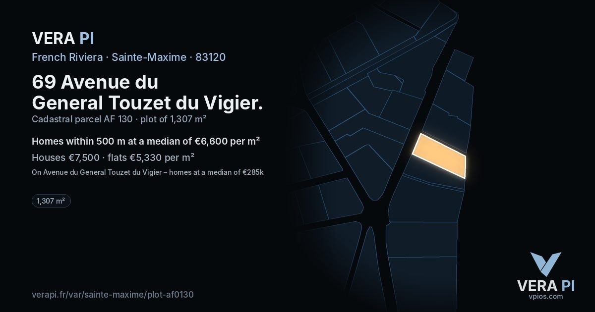 69 Avenue du General Touzet du Vigier, Sainte-Maxime at night – the plot lit, the parcels around coloured by the prices near them