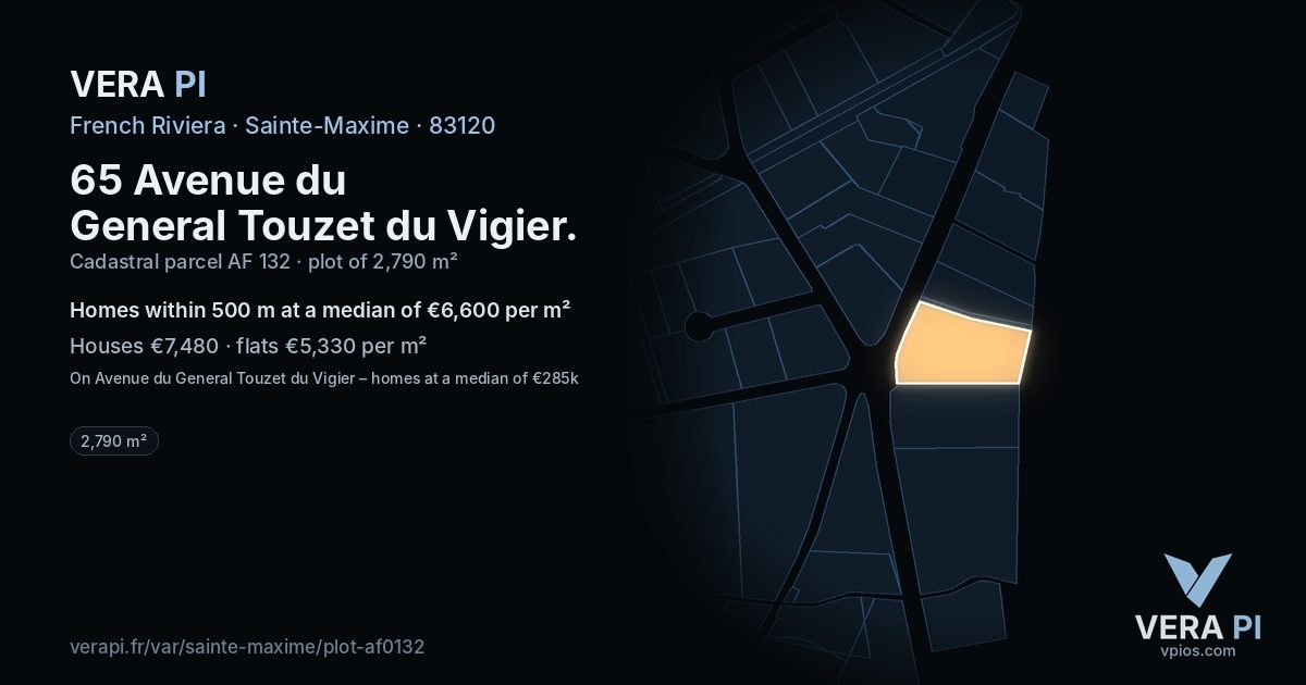 65 Avenue du General Touzet du Vigier, Sainte-Maxime at night – the plot lit, the parcels around coloured by the prices near them