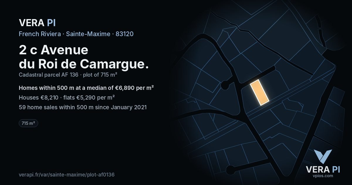 2 c Avenue du Roi de Camargue, Sainte-Maxime at night – the plot lit, the parcels around coloured by the prices near them