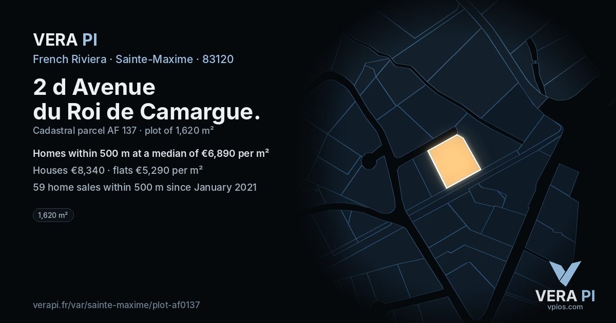 2 d Avenue du Roi de Camargue, Sainte-Maxime at night – the plot lit, the parcels around coloured by the prices near them