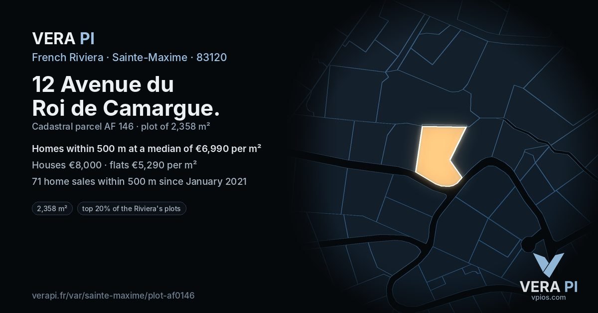 12 Avenue du Roi de Camargue, Sainte-Maxime at night – the plot lit, the parcels around coloured by the prices near them