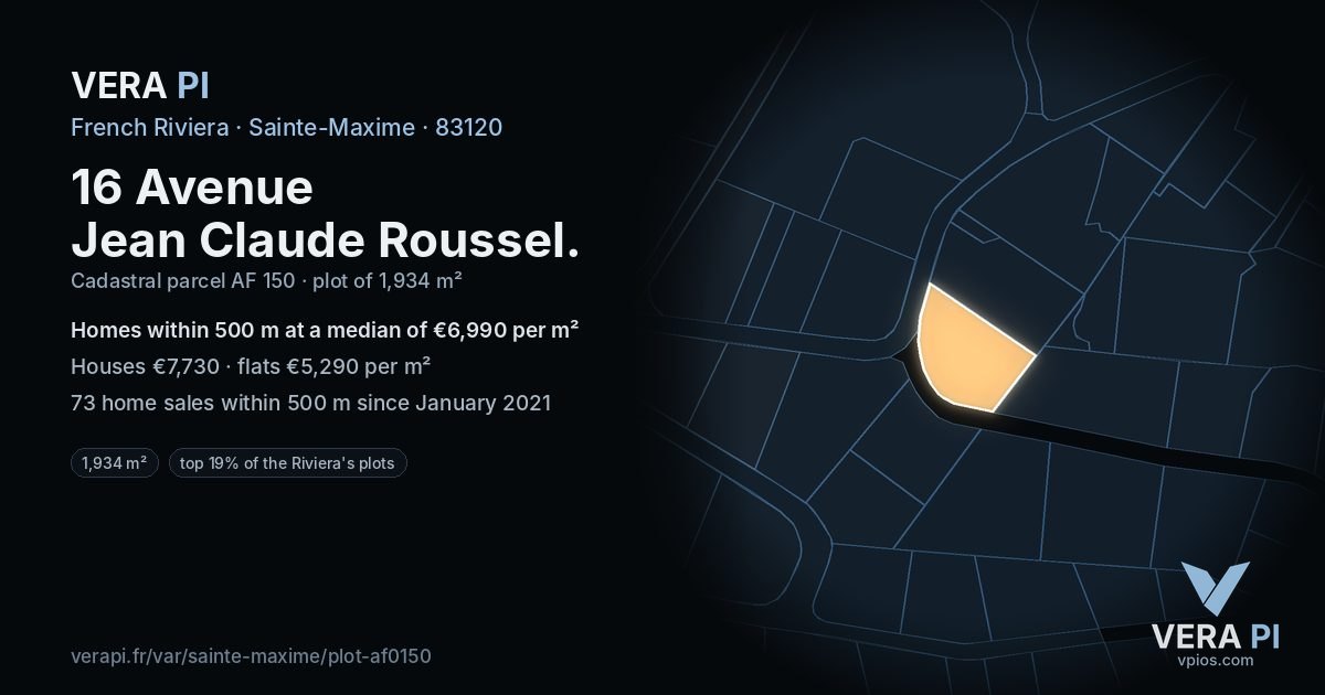 16 Avenue Jean Claude Roussel, Sainte-Maxime at night – the plot lit, the parcels around coloured by the prices near them