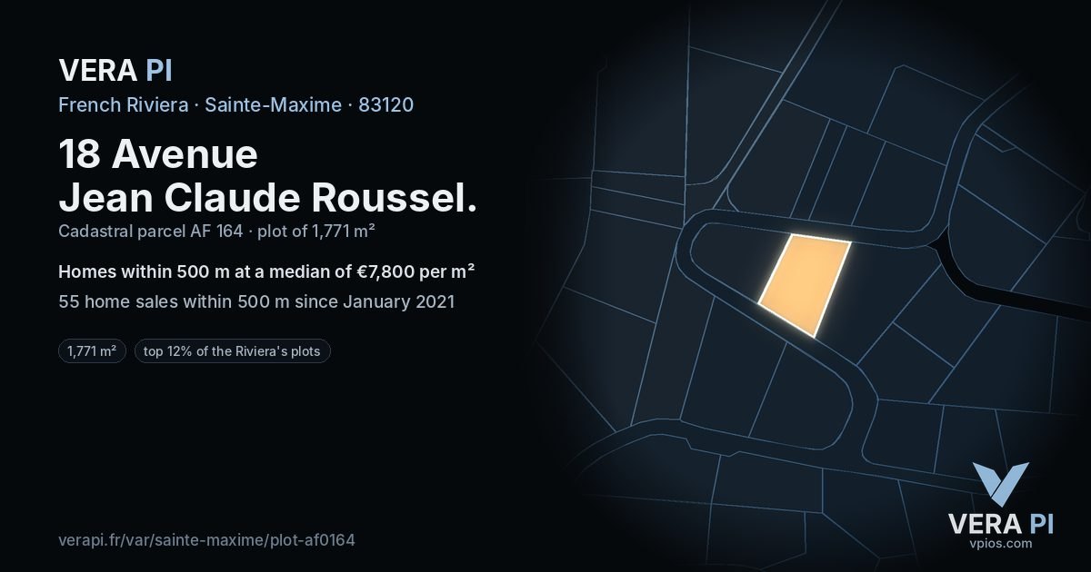 18 Avenue Jean Claude Roussel, Sainte-Maxime at night – the plot lit, the parcels around coloured by the prices near them