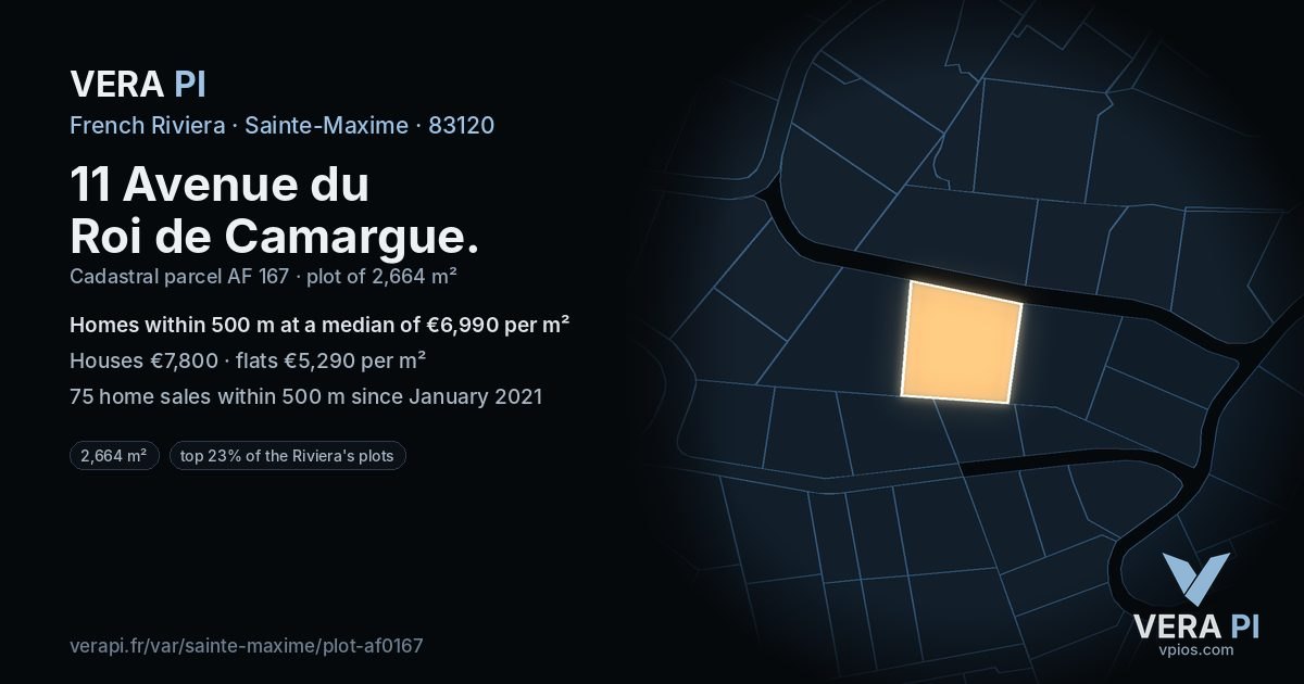 11 Avenue du Roi de Camargue, Sainte-Maxime at night – the plot lit, the parcels around coloured by the prices near them