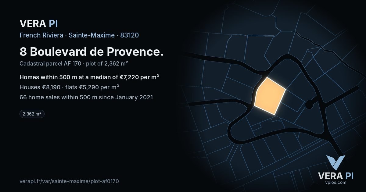 8 Boulevard de Provence, Sainte-Maxime at night – the plot lit, the parcels around coloured by the prices near them