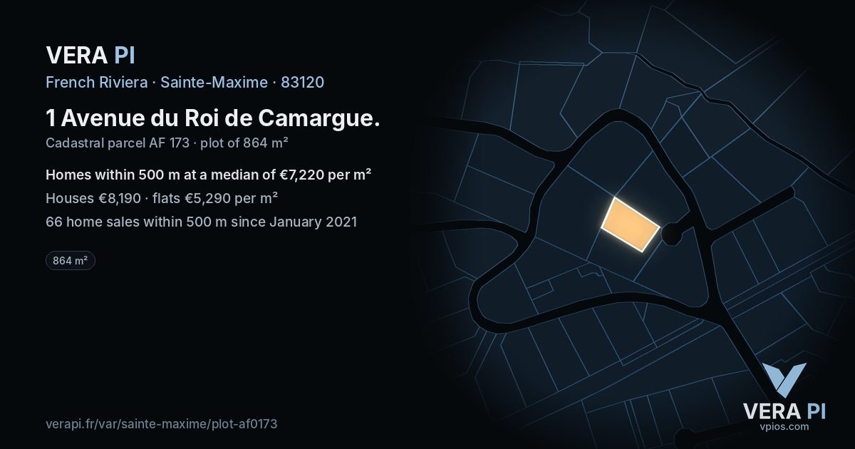1 Avenue du Roi de Camargue, Sainte-Maxime at night – the plot lit, the parcels around coloured by the prices near them