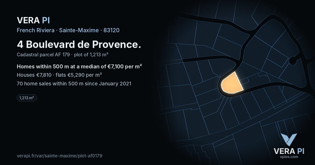 4 Boulevard de Provence, Sainte-Maxime at night – the plot lit, the parcels around coloured by the prices near them