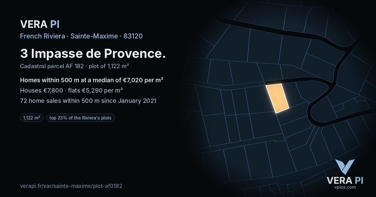 3 Impasse de Provence, Sainte-Maxime at night – the plot lit, the parcels around coloured by the prices near them