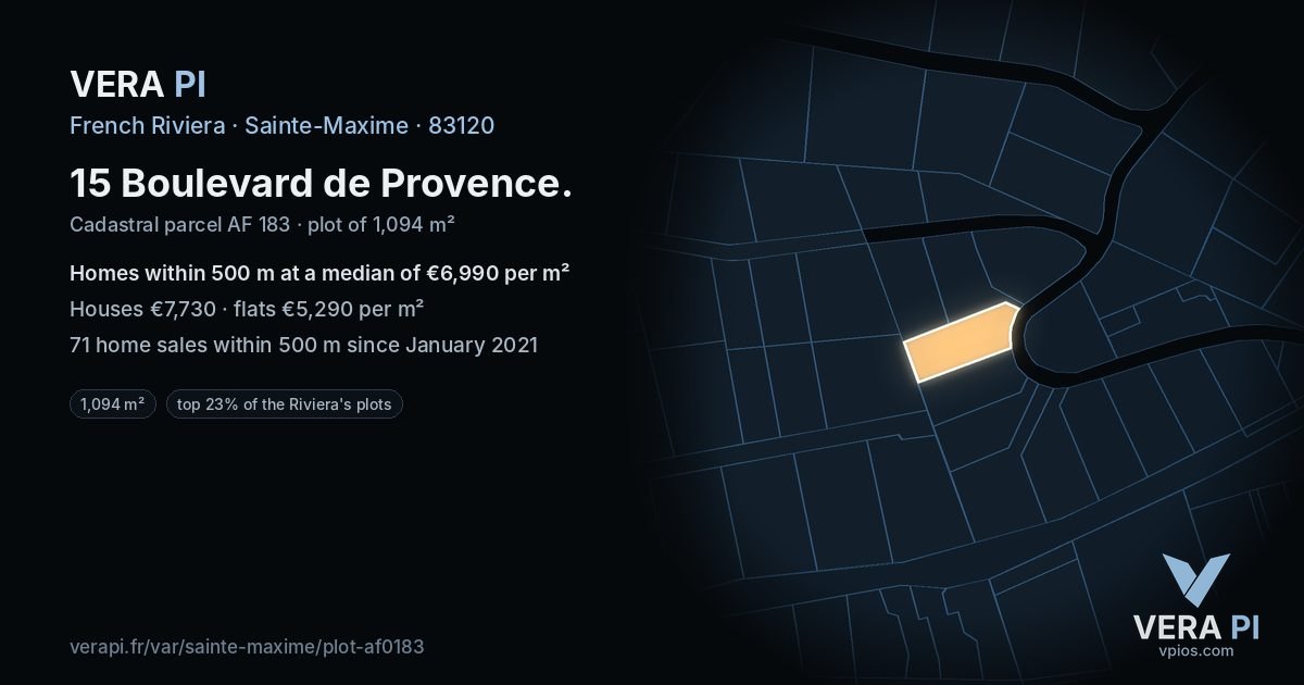 15 Boulevard de Provence, Sainte-Maxime at night – the plot lit, the parcels around coloured by the prices near them