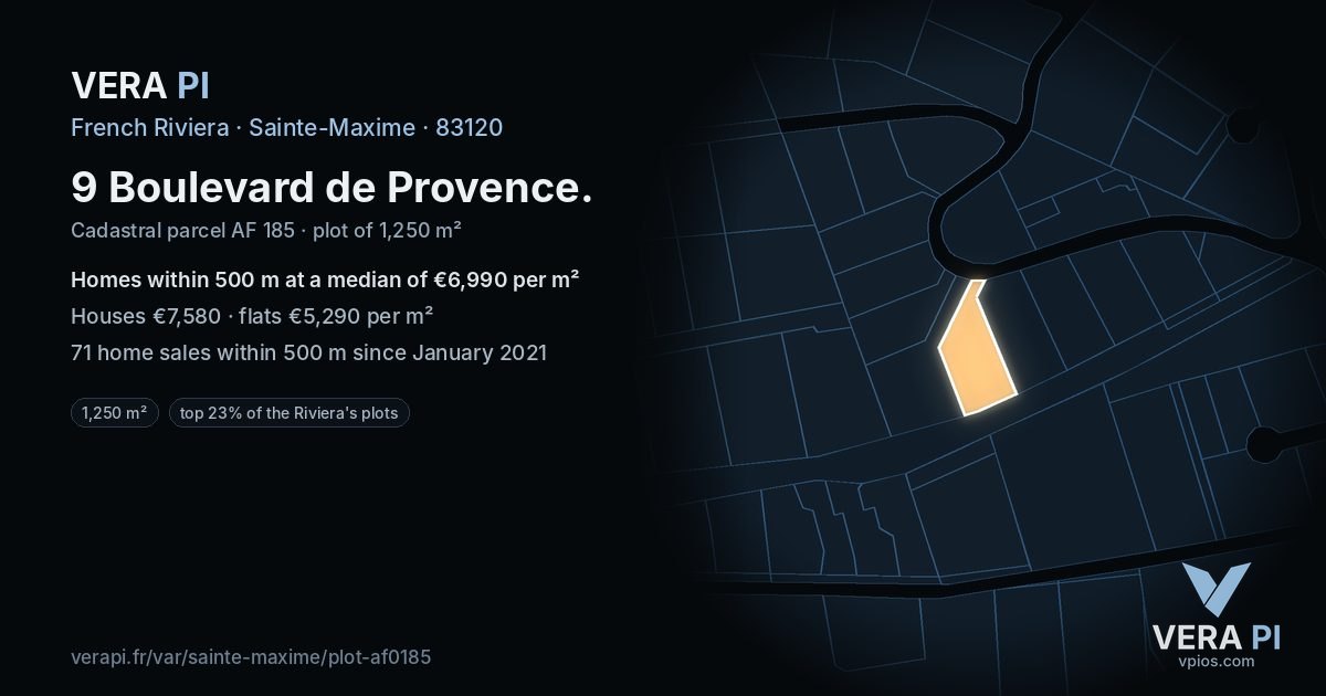 9 Boulevard de Provence, Sainte-Maxime at night – the plot lit, the parcels around coloured by the prices near them