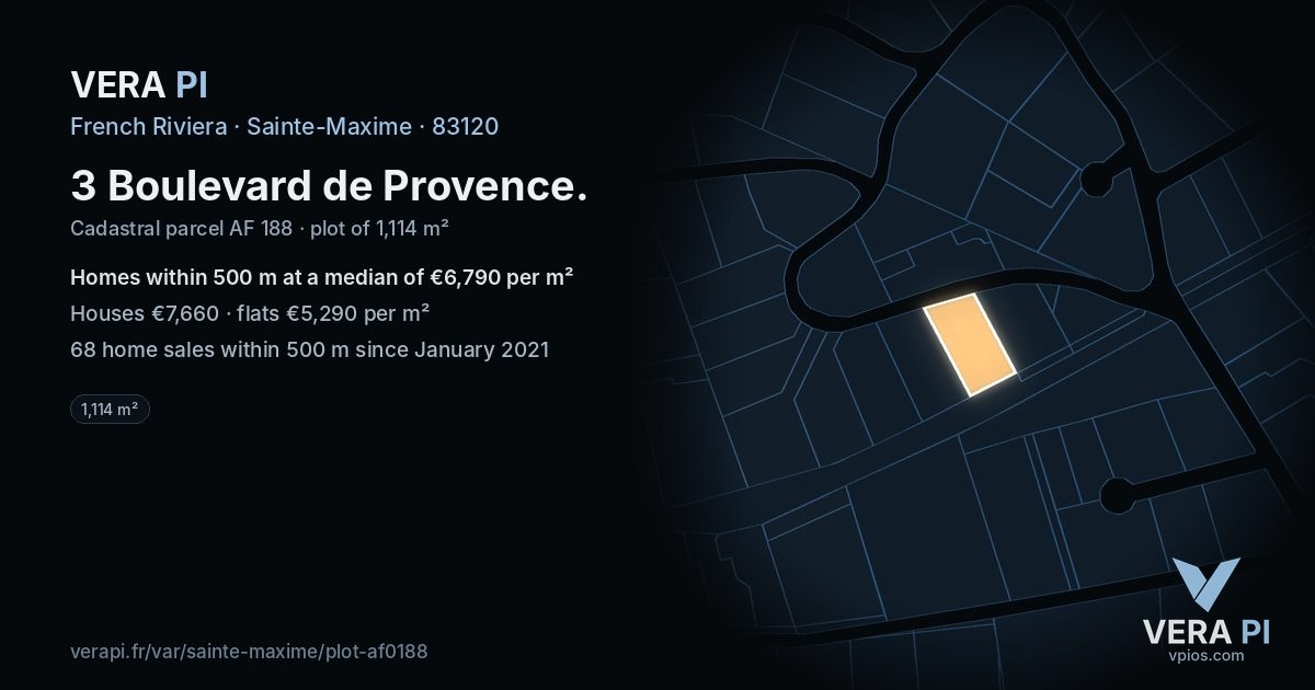 3 Boulevard de Provence, Sainte-Maxime at night – the plot lit, the parcels around coloured by the prices near them