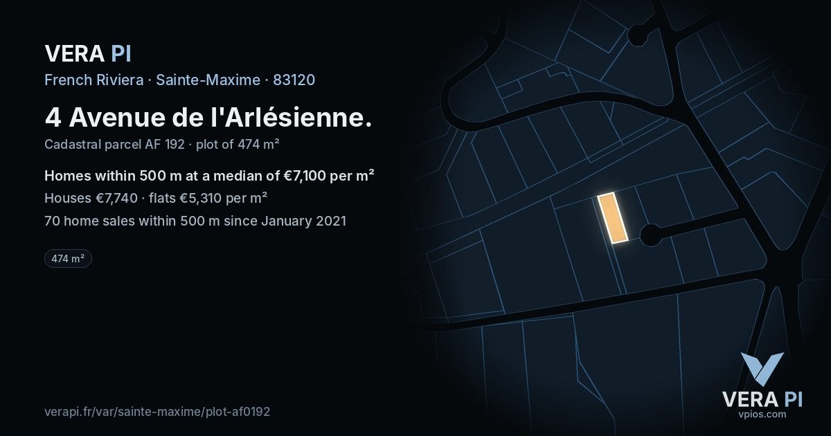 4 Avenue de l'Arlésienne, Sainte-Maxime at night – the plot lit, the parcels around coloured by the prices near them