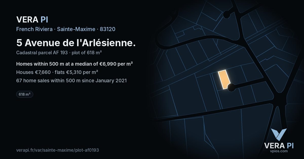 5 Avenue de l'Arlésienne, Sainte-Maxime at night – the plot lit, the parcels around coloured by the prices near them