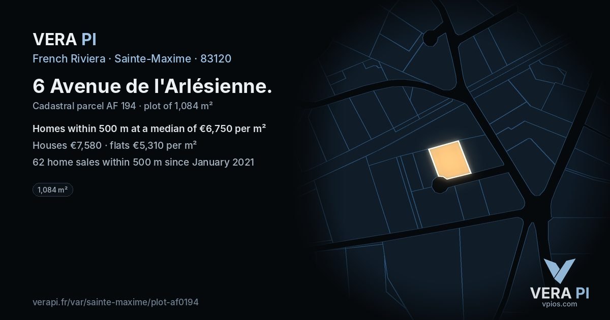 6 Avenue de l'Arlésienne, Sainte-Maxime at night – the plot lit, the parcels around coloured by the prices near them
