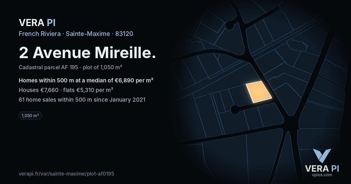 2 Avenue Mireille, Sainte-Maxime at night – the plot lit, the parcels around coloured by the prices near them