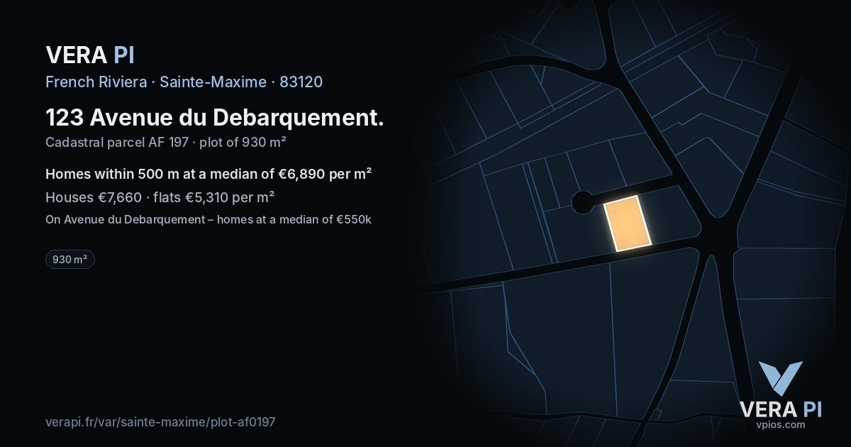 123 Avenue du Debarquement, Sainte-Maxime at night – the plot lit, the parcels around coloured by the prices near them