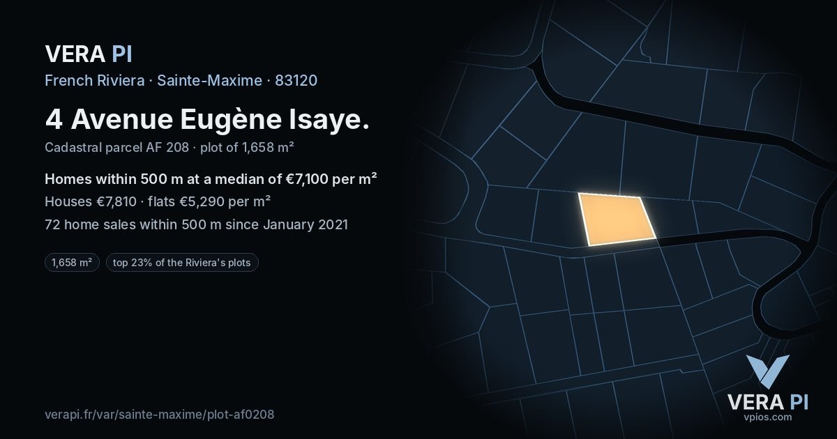 4 Avenue Eugène Isaye, Sainte-Maxime at night – the plot lit, the parcels around coloured by the prices near them