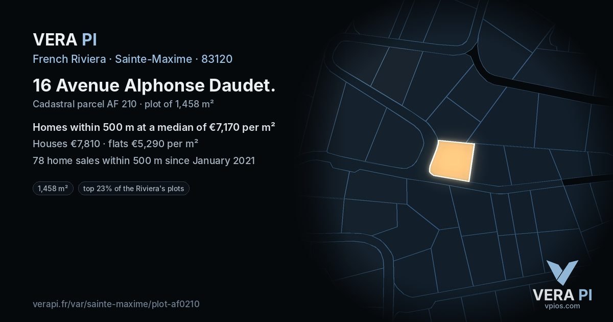 16 Avenue Alphonse Daudet, Sainte-Maxime at night – the plot lit, the parcels around coloured by the prices near them
