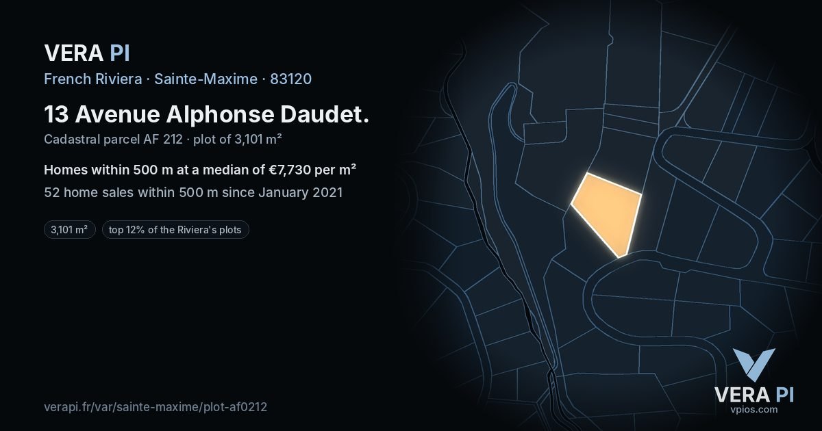 13 Avenue Alphonse Daudet, Sainte-Maxime at night – the plot lit, the parcels around coloured by the prices near them