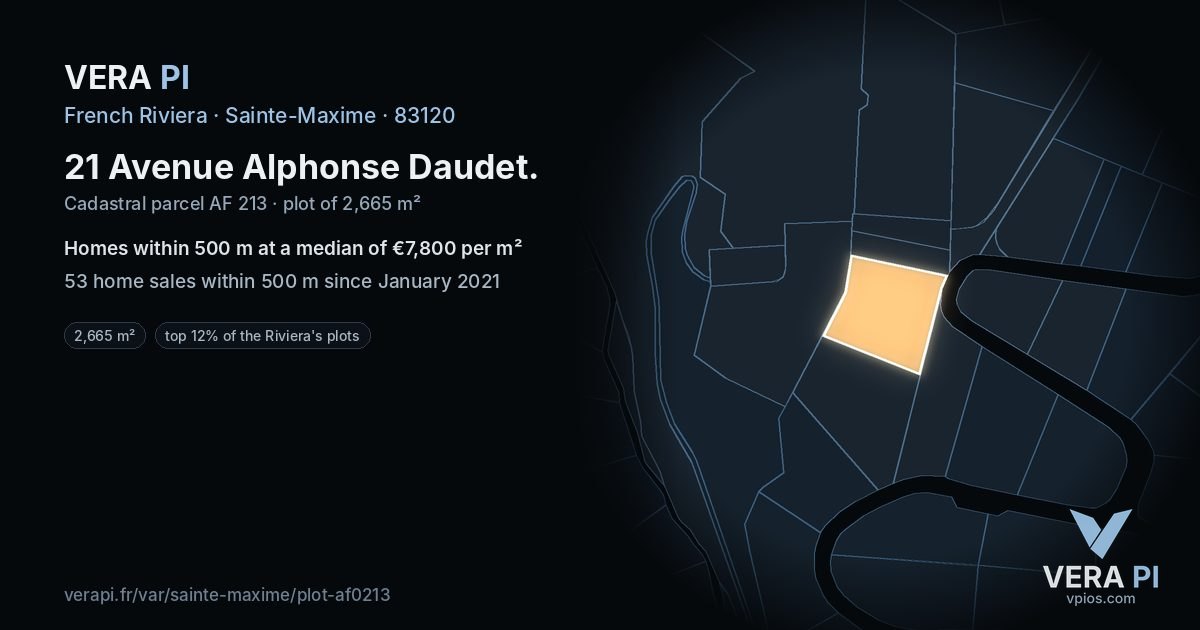 21 Avenue Alphonse Daudet, Sainte-Maxime at night – the plot lit, the parcels around coloured by the prices near them