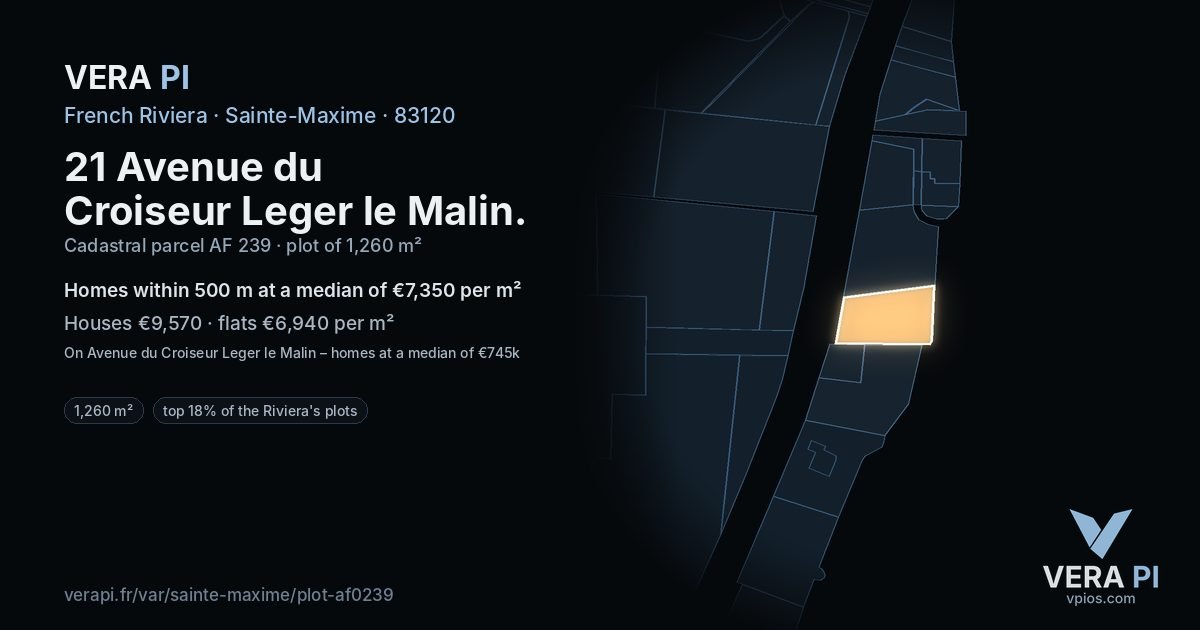 21 Avenue du Croiseur Leger le Malin, Sainte-Maxime at night – the plot lit, the parcels around coloured by the prices near them