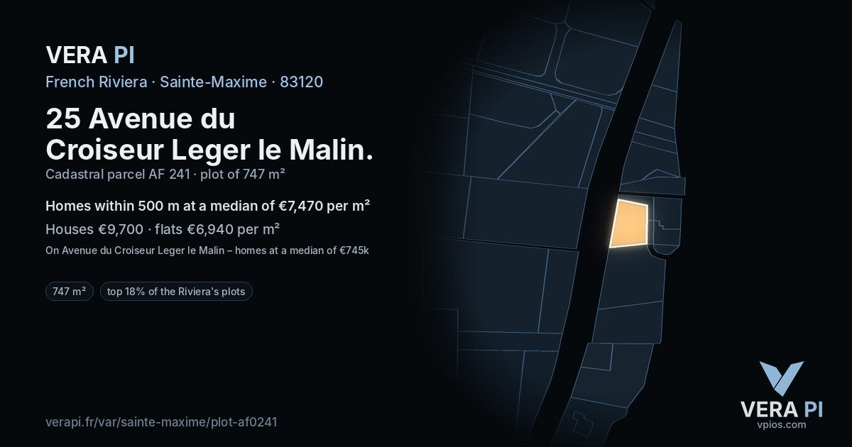 25 Avenue du Croiseur Leger le Malin, Sainte-Maxime at night – the plot lit, the parcels around coloured by the prices near them