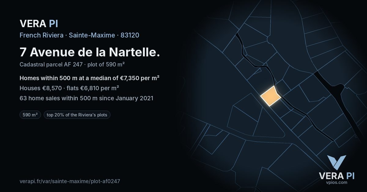 7 Avenue de la Nartelle, Sainte-Maxime at night – the plot lit, the parcels around coloured by the prices near them