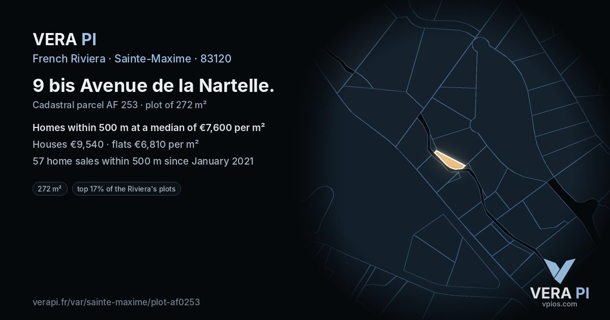 9 bis Avenue de la Nartelle, Sainte-Maxime at night – the plot lit, the parcels around coloured by the prices near them