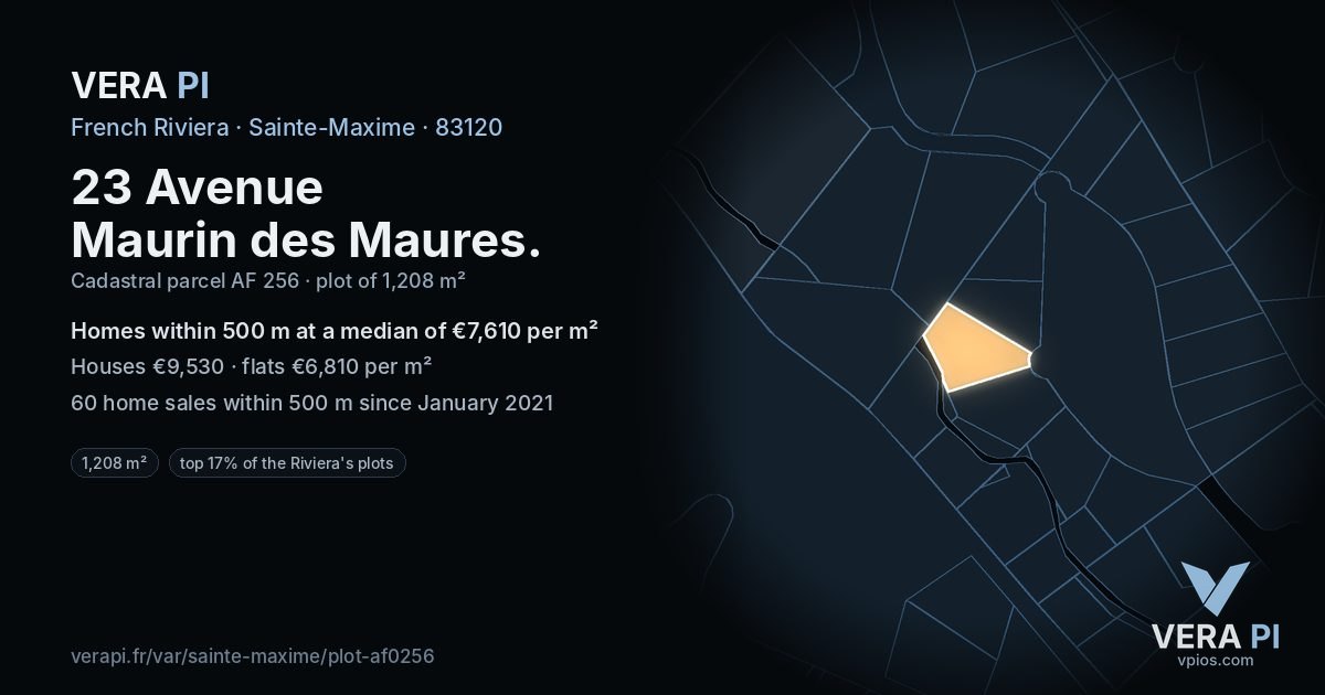 23 Avenue Maurin des Maures, Sainte-Maxime at night – the plot lit, the parcels around coloured by the prices near them