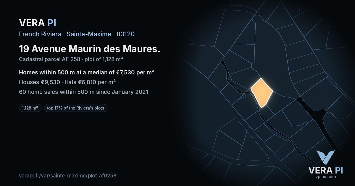 19 Avenue Maurin des Maures, Sainte-Maxime at night – the plot lit, the parcels around coloured by the prices near them