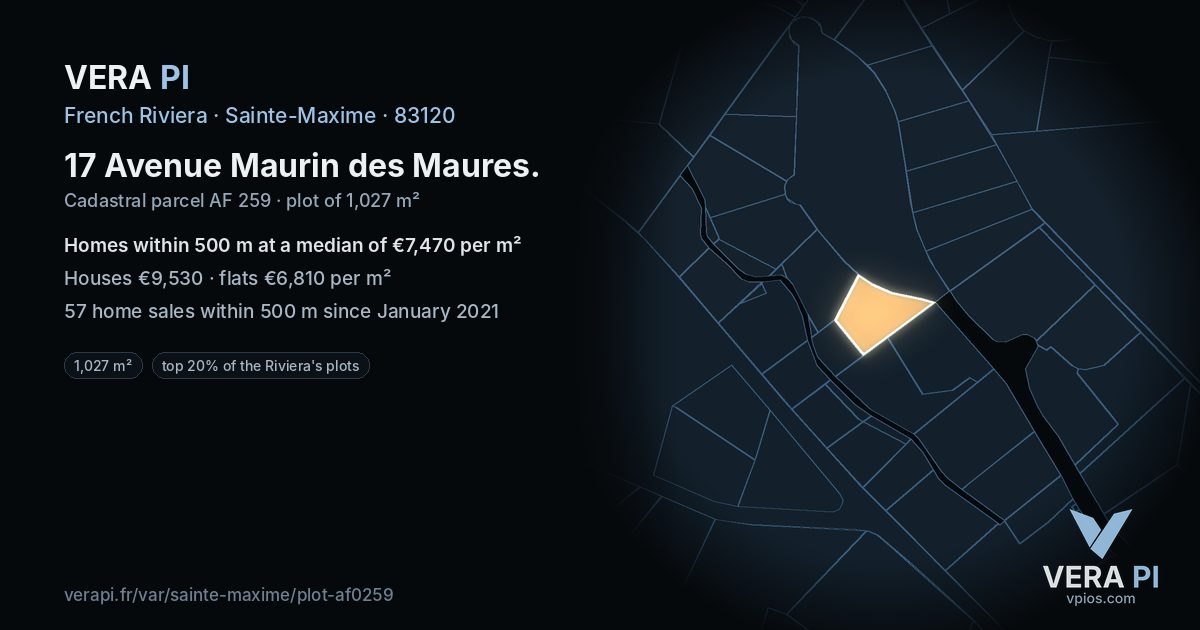 17 Avenue Maurin des Maures, Sainte-Maxime at night – the plot lit, the parcels around coloured by the prices near them