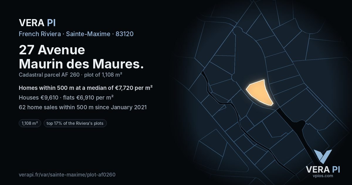 27 Avenue Maurin des Maures, Sainte-Maxime at night – the plot lit, the parcels around coloured by the prices near them