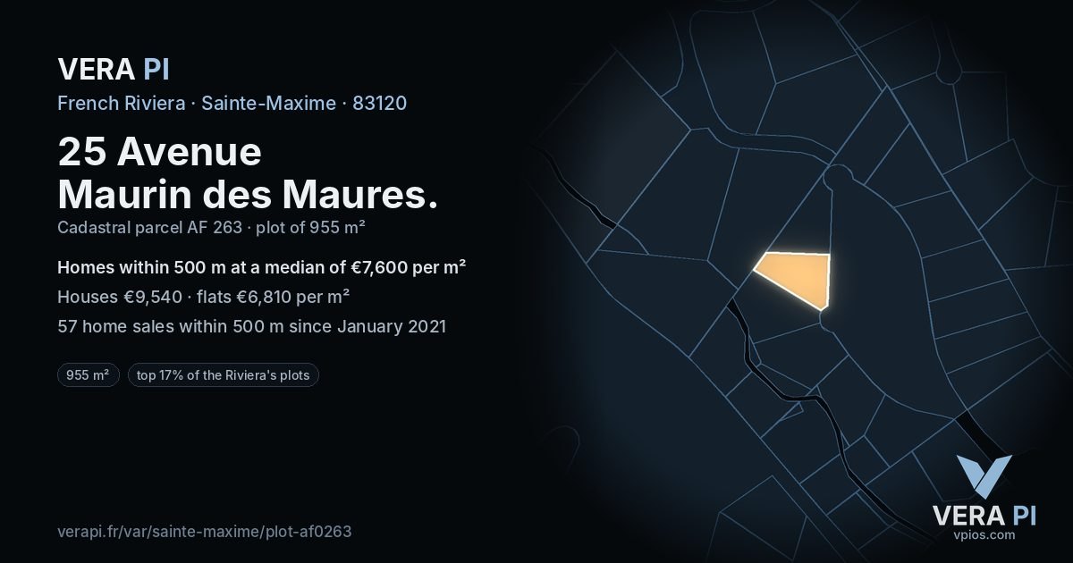 25 Avenue Maurin des Maures, Sainte-Maxime at night – the plot lit, the parcels around coloured by the prices near them