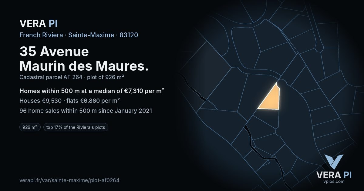 35 Avenue Maurin des Maures, Sainte-Maxime at night – the plot lit, the parcels around coloured by the prices near them
