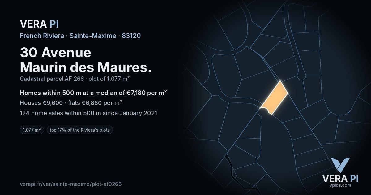 30 Avenue Maurin des Maures, Sainte-Maxime at night – the plot lit, the parcels around coloured by the prices near them