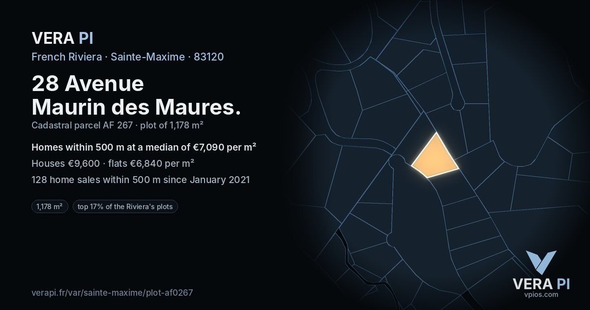 28 Avenue Maurin des Maures, Sainte-Maxime at night – the plot lit, the parcels around coloured by the prices near them