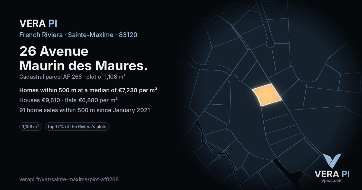 26 Avenue Maurin des Maures, Sainte-Maxime at night – the plot lit, the parcels around coloured by the prices near them