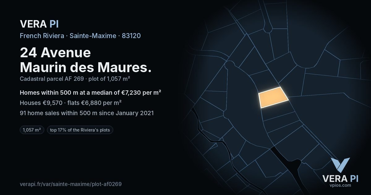 24 Avenue Maurin des Maures, Sainte-Maxime at night – the plot lit, the parcels around coloured by the prices near them
