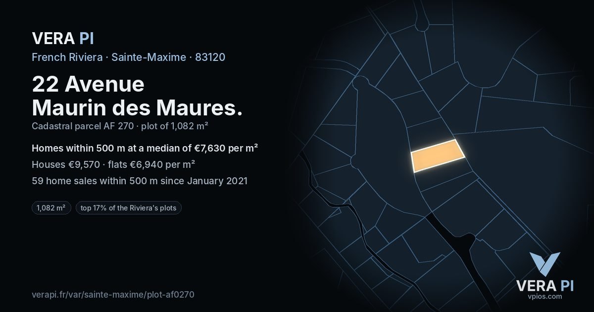 22 Avenue Maurin des Maures, Sainte-Maxime at night – the plot lit, the parcels around coloured by the prices near them