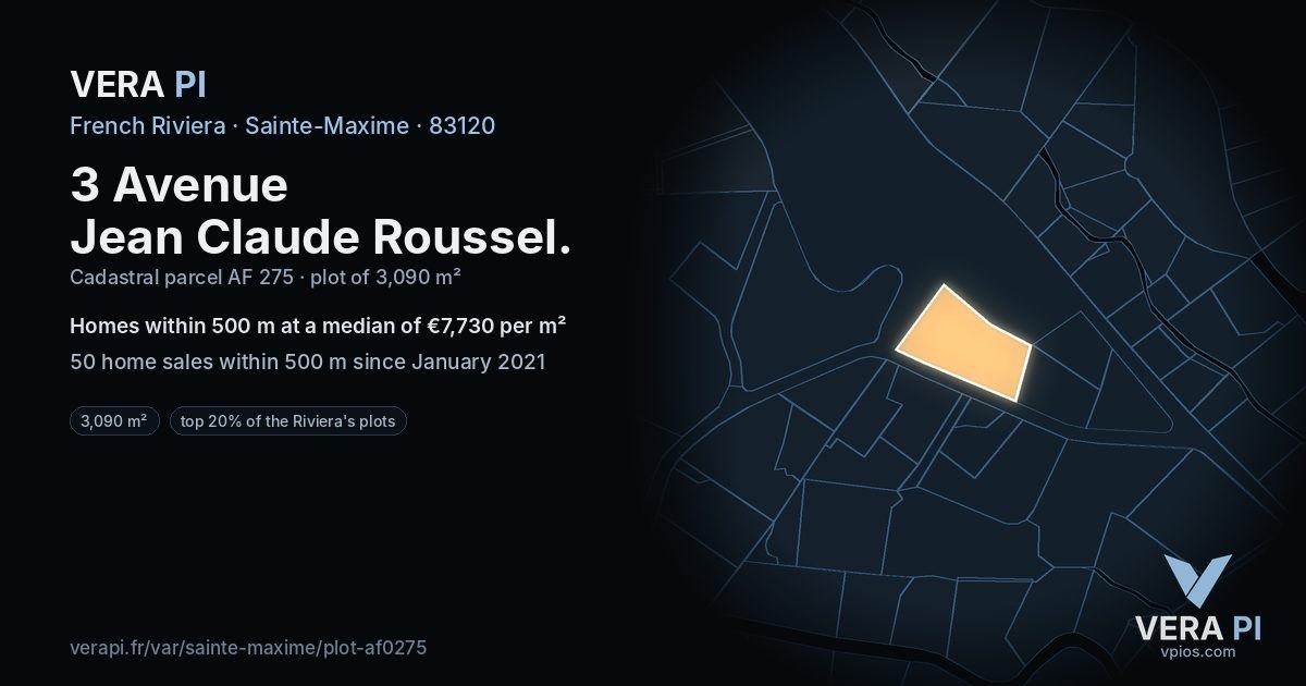 3 Avenue Jean Claude Roussel, Sainte-Maxime at night – the plot lit, the parcels around coloured by the prices near them