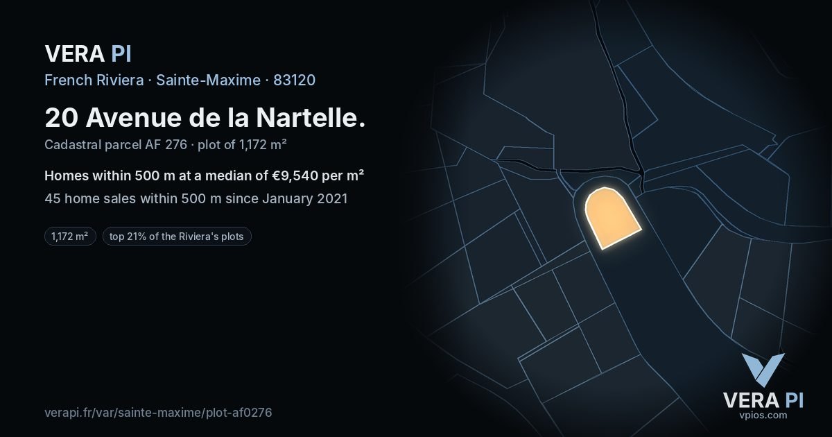 20 Avenue de la Nartelle, Sainte-Maxime at night – the plot lit, the parcels around coloured by the prices near them