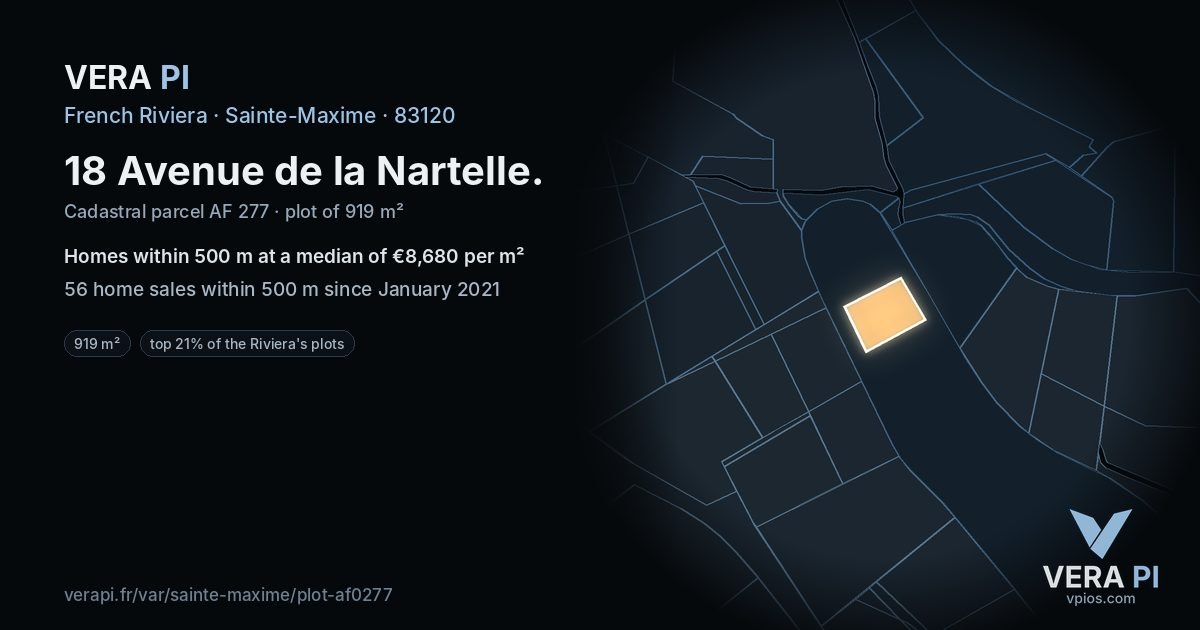 18 Avenue de la Nartelle, Sainte-Maxime at night – the plot lit, the parcels around coloured by the prices near them