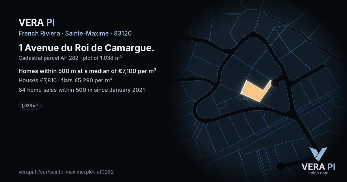1 Avenue du Roi de Camargue, Sainte-Maxime at night – the plot lit, the parcels around coloured by the prices near them