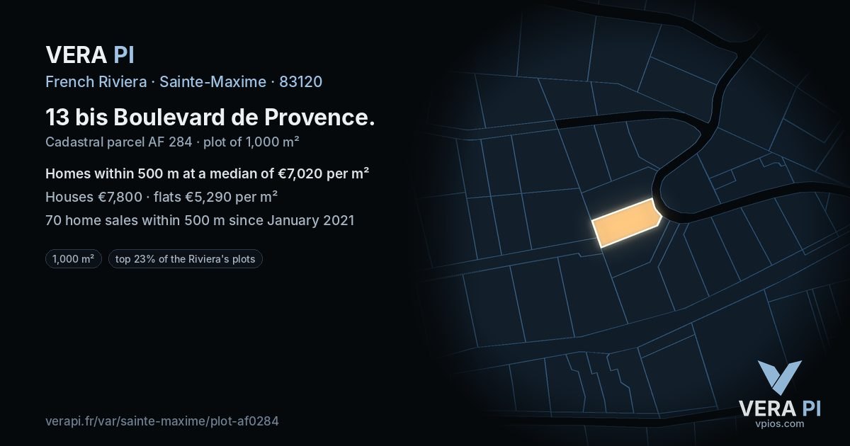 13 bis Boulevard de Provence, Sainte-Maxime at night – the plot lit, the parcels around coloured by the prices near them